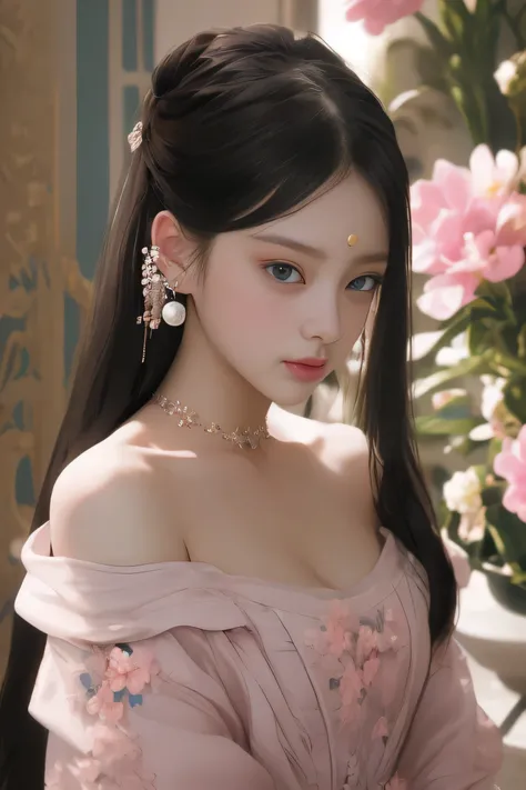 Best Quality、masterpiece、High resolution、1 Girl、The Dindor effect、Realistic lying、Edge Light、Two-tone lighting、（Highly detailed skin：1。 2）、8K UHD、Pure、(Pearl Earrings),(Johannes Vermeer style)、Dolce、Floral Background、Colorful background、Based on physical r...