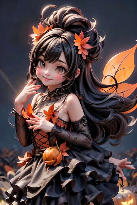 a cute harvest demon queen, smiling, dramatic floating pose, floating in the air, glowing dress, orange leaves floating around the dress, patent leather pumps, nighttime, glowing pumpkins, night harvest field, 8k, detailed, cinematic, dramatic lighting, wa...