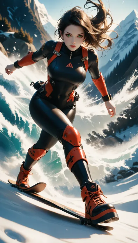 high details, best quality, 16k, [best detailed], masterpiece, best quality, (extremely detailed), photorealistic, fantasy art, RPG art, a picture of a mech girl, full body, wearing red mech suit, surfing on snowboard, in the snow, epic beautiful human wom...