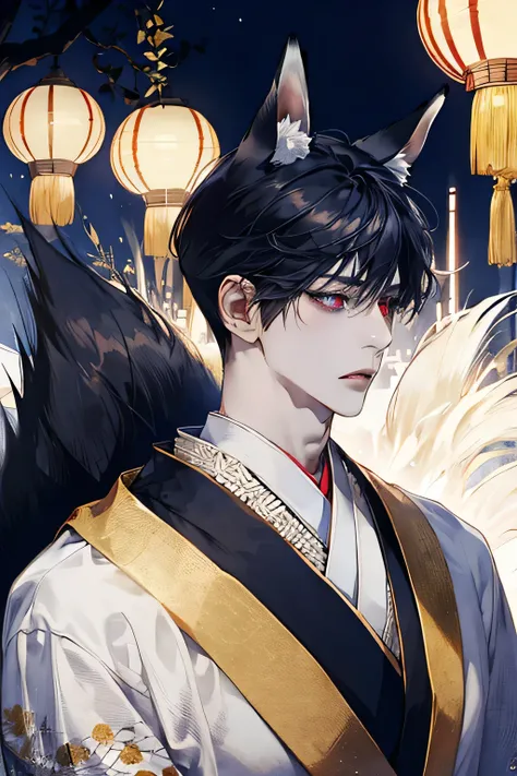 male, masterpiece，best quality，black haired fox，black fox ears and a larger black tail，Beautiful all-white kimono with gold accessories，immortal，red eyes， Mature，Handsome，shrine，Loose hair and clothes，night，a sense of atmosphere, fear, white skin, fantasti...