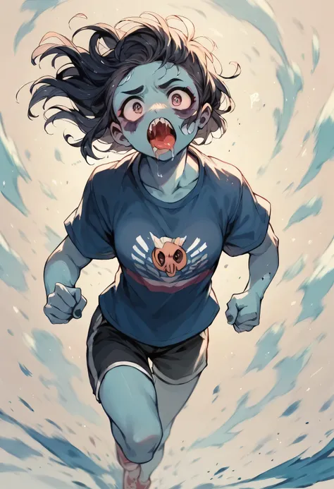 super cute zombie girl, running (whimsical) (calvin and hobbes meet skottie young style) (dark hair) (drool) (braiiiiins) (t-shirt has a picture of brains) (running) (zombie) ((profile, running left to right))