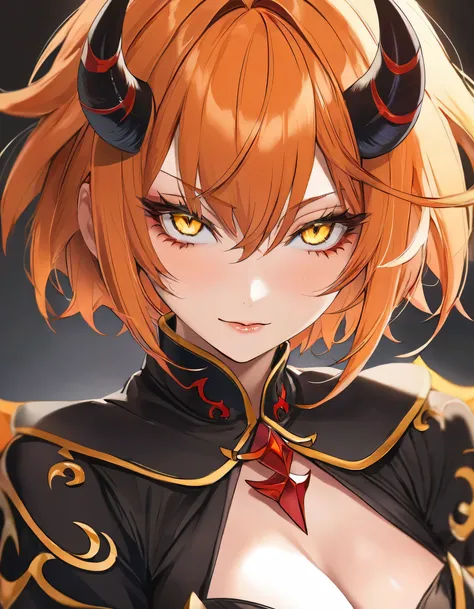 A mature woman with a sharp style, Short orange hair and yellow eyes、Face close-up、Revealing devilish clothing、Devil&#39;s Wings、Urban Neon Background、Open Mouth Smile、Have fun dancing、decoration、Glare