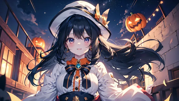 Cute anime black hair girl wearing halloween costume、White skin、dynamic、solo、night,（Casting a spell,)The best smile,