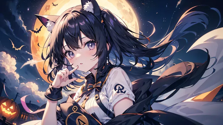 cute anime black hair girl wearing halloween costume、white skin、dynamic、alone、night,（peace sign,)最高のlol顔,lol