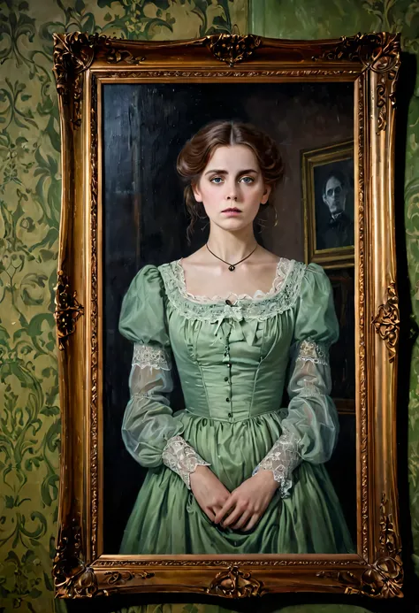 Young woman, green eyes, brown hair, victorian dress, pensive, trapped in a haunted oil painting, painting frame, ghostly, trapped, hanging on the wall in a victorian house