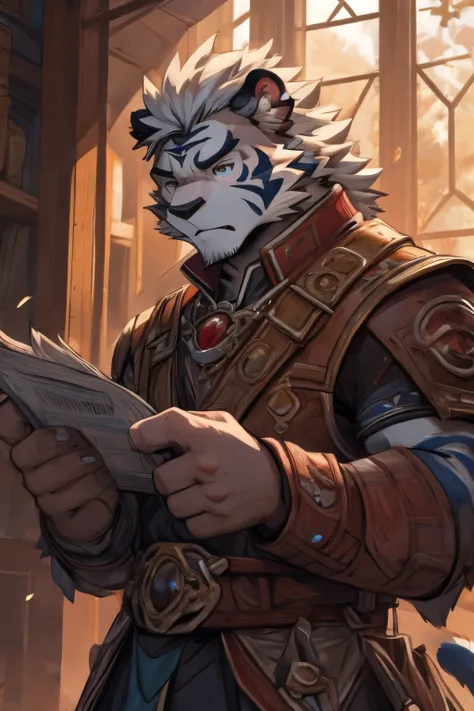 A majestic masterpiece!A close-up shot captures the intensity of a white tiger orc couriers gaze as he scrutinizes the audience. Dressed in a crisp, official uniform, he clutches a receipt in one hand while his other hand rests on the edge of a nearby surf...