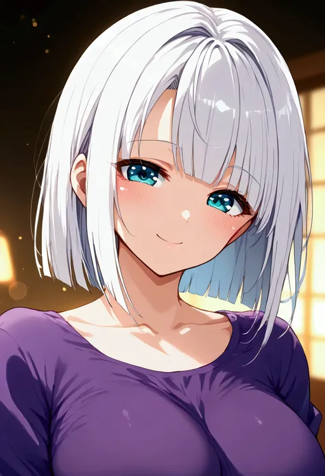 nai3, close up, masterpiece, best quality, bokeh, cute, a cartoon picture of a woman with a purple shirt and white hair, concept art by Okada Beisanjin, pixiv, sōsaku hanga, female alien, akiri toriyama, an alien robot naughty nurse, hot reptile humanoid w...