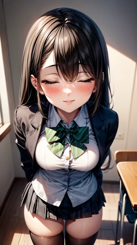 （super high quality,Ultra-high resolution,16k,super masterpiece,Ultra HD ,Detailed shading,）One high school girl,Long black hair with side-swept bangs,A white dress shirt with the second button undone,（green jacket suit,Brown checked mini skirt,）Black Stoc...