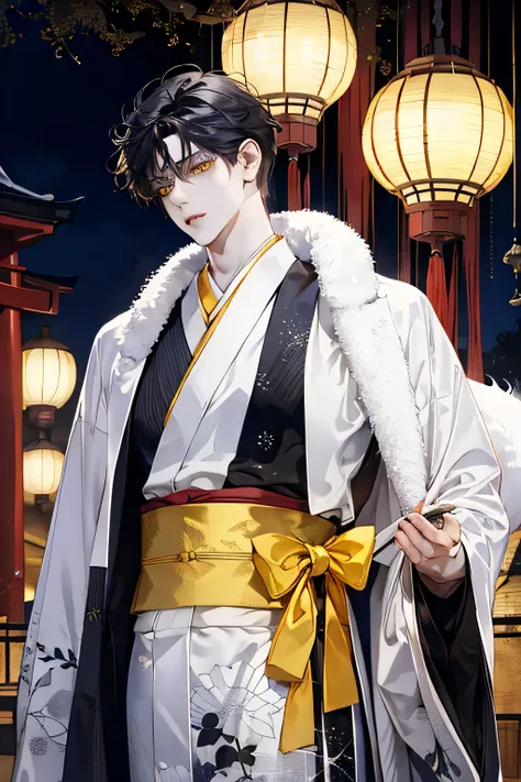 male, masterpiece，best quality，black haired fox，black fox ears and a larger black tail，Beautiful all-white kimono with gold accessories，immortal，yellow eyes， Mature，Handsome，shrine，Loose hair and clothes，night，a sense of atmosphere, fear, white skin, fanta...