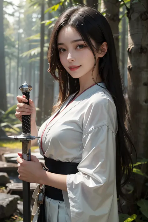 ((masterpiece)), ((best quality)), ((ultra-detailed)),((hyperrealistic)),(japanese cute girl),(shiny skin),1 ladyl,(black hair),long hair,forehead,(plain forehead),(black eyes,tareme,droopy eyes),(slenderbody),,(Smiling female knight),forest, holding a sac...