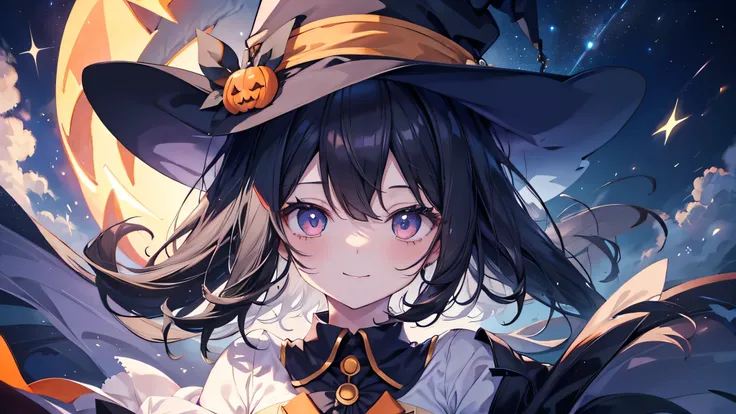 cute anime black hair girl wearing halloween costume、white skin、dynamic、solo、night,（top view,)the best smile,the little witch sm...