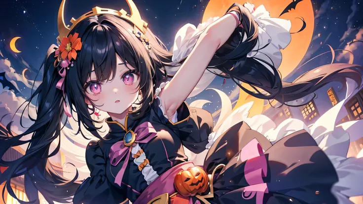 cute anime black hair girl wearing halloween costume、white skin、pink lips、solo、night,（top view,)