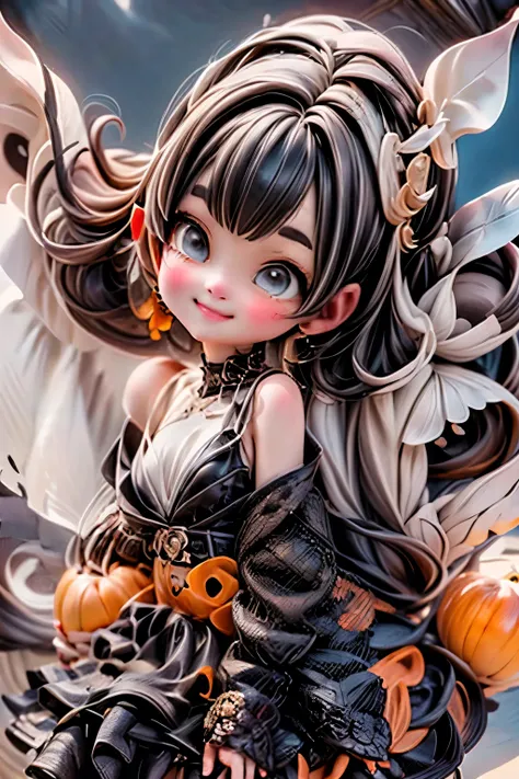 a cute harvest demon queen, smiling, dramatic floating pose, floating in the air, glowing dress, orange leaves floating around the dress, patent leather pumps, nighttime, glowing pumpkins, night harvest field, 8k, detailed, cinematic, dramatic lighting, wa...