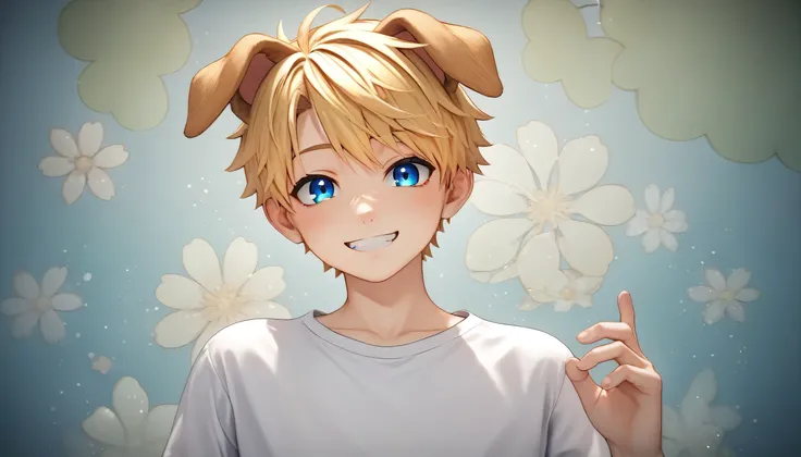 SMILING HAPPY, TEEN, FEMBOY, BOY, DOG EARS, BLONDE HAIR, BLUE EYES, INNOCENT FACE, WHITE SHIRT, 4K anime style, 8K anime art wallpaper, 4K anime art wallpaper, 4K anime art wallpaper, anime style. 8k, anime wallpaper 4k, anime wallpaper 4k, anime wallpaper...