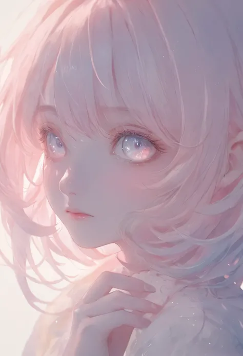 masterpiece, best quality, ultra-detailed, pastel color palette, a soft yet intense depiction of a girl in a panicked state. Her wide eyes are rendered in soft, pastel yellow, with gentle gradients that give them a glowing, dreamlike quality. The blood spl...