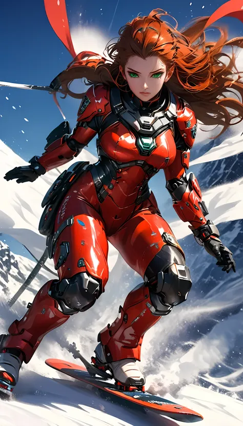 high details, best quality, 16k, [best detailed], masterpiece, best quality, (extremely detailed), photorealistic, fantasy art, RPG art, a picture of a mech girl, full body, wearing red mech suit, surfing on snowboard, in the snow, epic beautiful human wom...