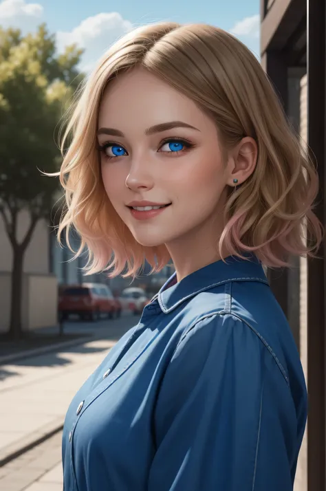 A cute girl blue eye short wavy hair brown hair and blond mix on the edge of the hair half shot, highly detailed, ultra quality, extremely detailed, 8k hdr32k, extremely detailed eye, extremely detailed face, extremely detailed hair, extremely detailed col...