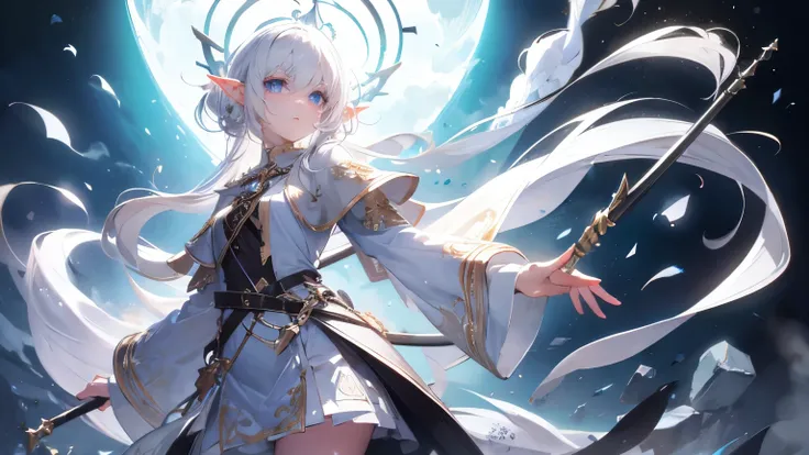 white hair beautiful elf wizard with cane