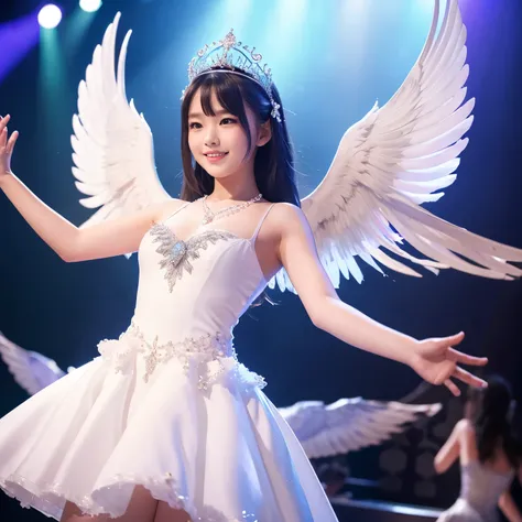 A girl in a white dress with swan wings spread dancing on stage, wearing a pearl necklace and a tiara on her head