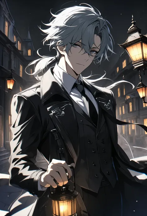 solo, handsome, 1 male, short hair, low ponytail, gray hair, gray eyes, white shirt, black tie, black trench coat, lantern, mansion