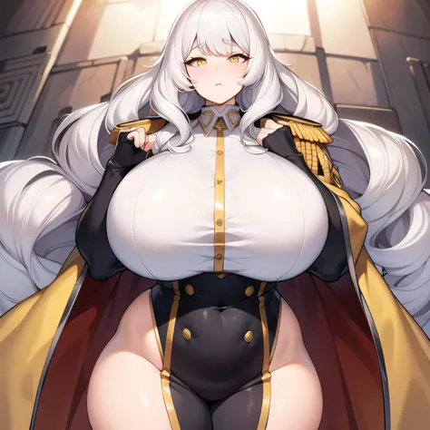 1Big Woman, white hair wavy lob, yellow eye pupils, clothing U.S. army general, skin tone apricot, huge breasts, thick ass, neutral face