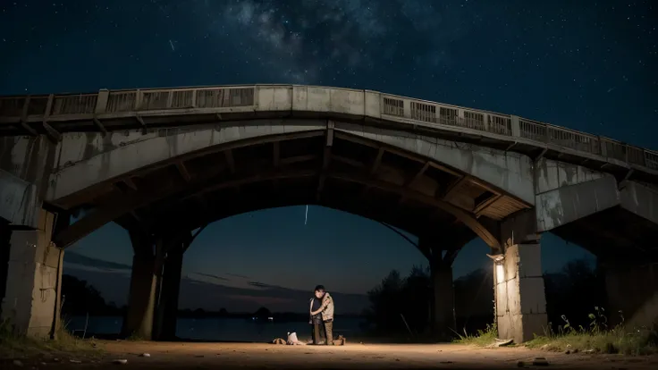 a boy and his puppy dog, huddled under the bridge, They look at the starry sky while resting together. The boy is wearing dirty clothes and a worn jacket., and the puppy, Covered in dirt, is at your side. It&#39;s night time,  This is a general shot showin...