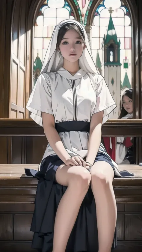 White skin, Junior high school girl:1.5, Saggy Breasts:1.5, (Very delicate and beautiful face and eyes, Awesome cute girl ), (Full Body Shot), Missionaries, Nuns, church