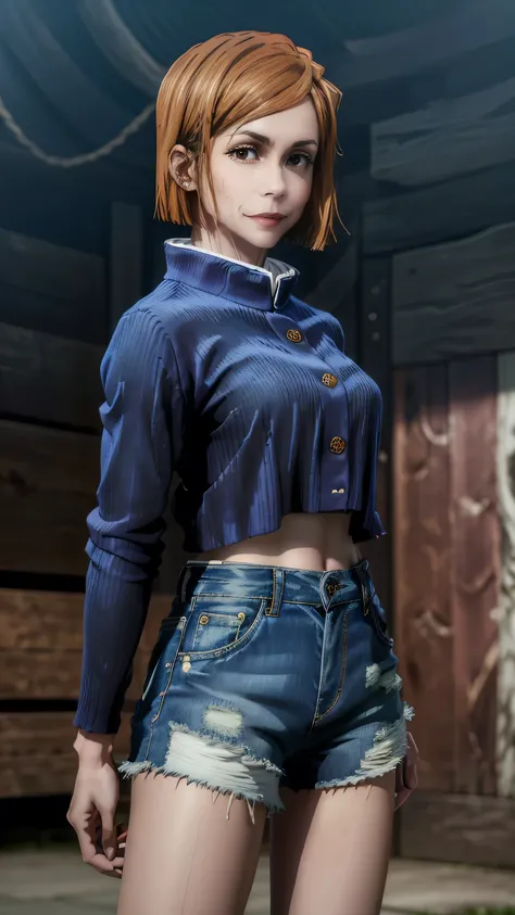 1 Girl, Nobara Kugisaki, Curse Return, Cowboy shooting, beauty, Dark blue cropped cardigan, Short white T-shirt, (Denim shorts), Bangs, jacket, Medium chest, Volumetric Light, Best quality, Shut up, (No dimples:1.2), masterpiece, Intricate details, Tone Ma...