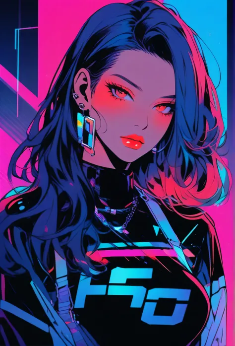 ((illustrator)), in club, retrowave,  cyberpunk theme, stylish, sketch, 1girl, lovely, rockstar, shiny lip, jersey wear, order, very modern stylish asymmetry hair,((gradient)) background, neon hair, textured crop, (masterpiece, best quality), portrait, ((d...