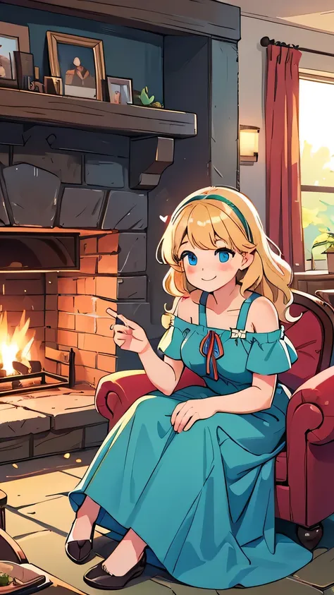 a woman sitting in a chair by a hearth, wavy blonde bust-length hair with ribbons, modest breasts, blue eyes, long green sundress, puffy off-shoulder straps, warm smile