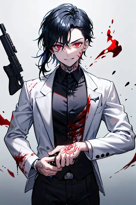 (Tabletop)、(solo)、Dual pistols、Slicked back hair、suit、smile、Holding a gun、Unlit black background、Get blood on your clothes、Mature man、Hold a gun in both hands、An overwhelmingly powerful aura、Detailed handgun、Detailed face、Tattoo、Black Hair、White jacket、Bla...