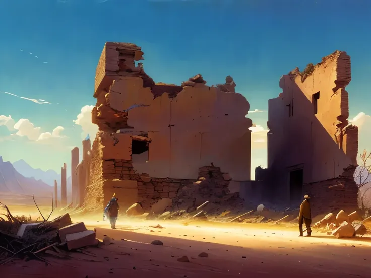 painting of a desert scene with a ruined building and a man walking, michael whelan and gustave done, by Michael Whelan, by Peter Gric, michael whelan art, michael whelan and gustave dore, by Johfra Bosschart, by Alexander Kucharsky, inspired by Michael Wh...