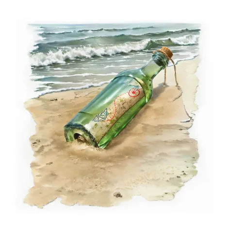 A watercolor illustration depicts a green glass bottle with a cork stopper partially buried in light beige sand near the edge of a tranquil beach. The bottle is tilted diagonally from left to right, its neck pointing towards the top right corner of the ima...