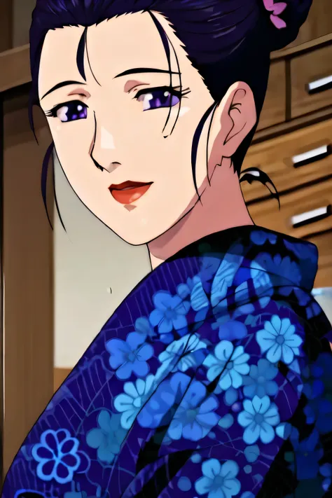Simple Background,White Background,
purple kimono,floral print,japanese clothes,wide sleeves,long sleeves,
cleavage,
purple eyes, black hair,bangs,hair bun,
1 girl,Young female,Beautiful long legs,Beautiful body,
Beautiful Nose,Beautiful character design,...