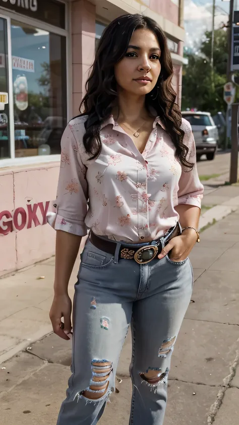 Mexican lady with light brown skin. Slight smile. A little fat. 40 years old. Wavy black hair with a few gray strands. Pink blouse with a floral print. Ripped blue jeans with a belt. White tennis shoes. Standing outside a neighborhood store.