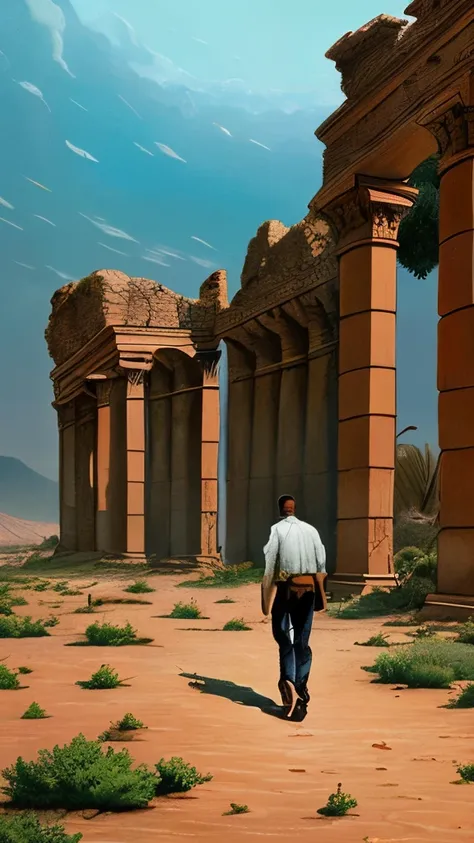 painting of a desert scene with a ruined building and a man walking, a matte painting by Michael Whelan, Artstation, romanticism, michael whelan and gustave done, michael whelan art, michael whelan and gustave dore, ruins landscape, dan mcpharlin, michael ...