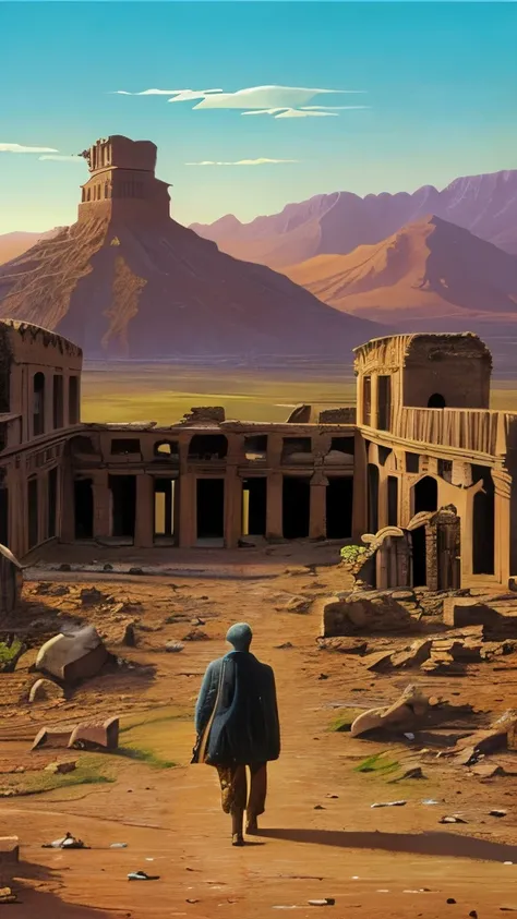 painting of a desert scene with a ruined building and a man walking, a matte painting by Michael Whelan, Artstation, romanticism, michael whelan and gustave done, michael whelan art, michael whelan and gustave dore, ruins landscape, dan mcpharlin, michael ...