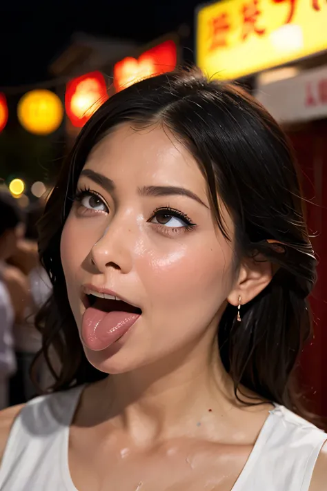 tabletop,,award-winning photo, very detailed, focus on the eyes, nose and mouth,face focus, woman with open mouth and closed eye...