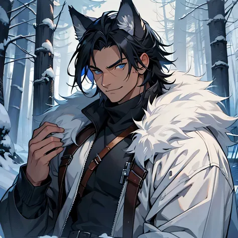 1 male, tanned skin, scarred body, cold eyes, bright blue eyes, long messy spiky black hair, scarred pattern on face, not smiling, fluffy wolf ears, outside in woods, dark colors, wearing fluffy clothes, heavy fur clothing, wolf tail, posing, semi-realism,...