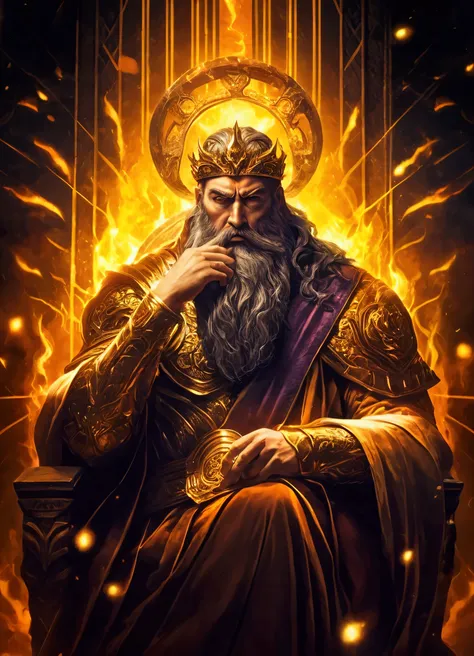 a man with a beard and a sword sitting on a throne, the god emperor of mankind, Portrait of the Emperor of Humanity, The God Hades, Emperor of the known universe, The God Zeus, God of art AI, Furious God Zeus, The God of the Forge, holy fire spell art, anc...