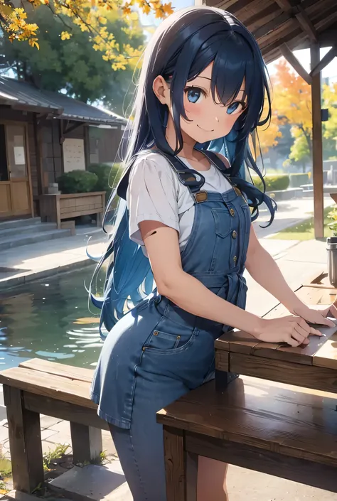 1 girl, long blue hair, blue wavy hair, sundress, blue jeans,Bending over cleaning the bench, showing her butt and sterilized legs, smiling, park, fall season, fall, Senos grandes, Obra maestra, Cinta de cabello azul, 