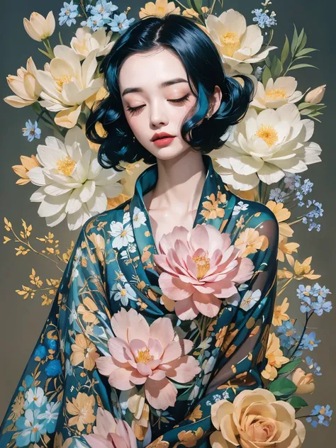 Chiaroscuro Technique for Elegant Illustrations , Retro and nostalgic ,There are silk-like flowers around the body, Painting, By Hannah Dell, author：Harumi Hironaka, extremely soft colors, Vibrant, pastel, Highly detailed, Digital Art, High contrast, drama...