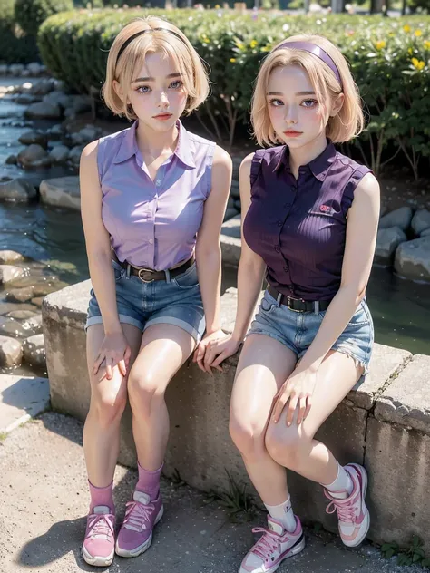 1 woman, mature woman, solo, NOT DASHA TARAN, full body standing, perfect body, best quality, 32k, photograph, full body (head to toe), tone mapping, ((houjou satoko,short hair,black hairband,blonde hair,violet eyes,hair between eyes,collared shirt,sleevel...
