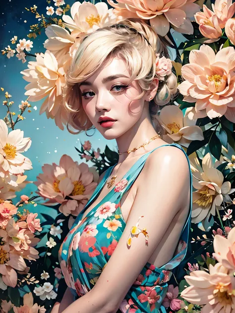 chiaroscuro technique for elegant illustrations , retro and nostalgic ,there are silk-like flowers around the body, painting, by...