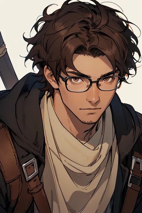 create a head of a young man with short wavy hair and dark brown hair, where he wears straight frameless glasses, light skinned, dark brown eyes looking sideways, 2d drawing dark rpg style, with the face of a warrior, I just want the head, as if it were a ...