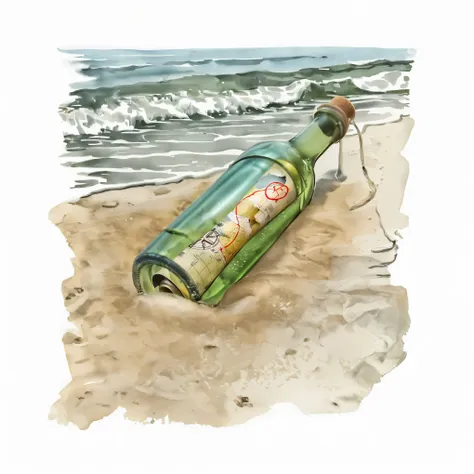 a watercolor illustration depicts a green glass bottle with a cork stopper partially buried in light beige sand near the edge of...