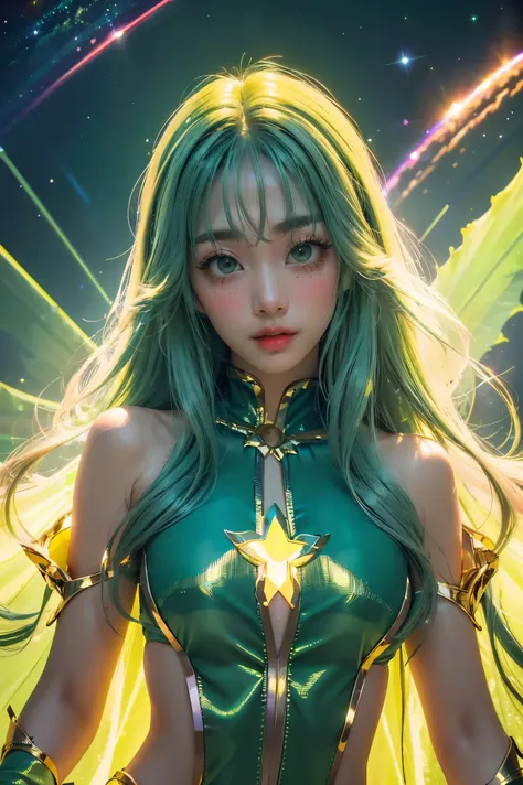 4K Ultra HD, masterpiece, A girl with a magical aura, (Nice face:1.2), Very long hair, Detailed eyes, Glossy Lips, ta Costume, (Green costume:1.5), Aura around the body, Magical Effects, Spreading white light, Cosmic elements and ethereal atmosphere, A mix...