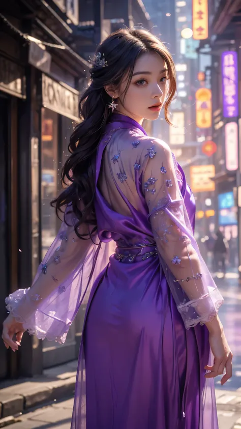 8K ultra hd, masterpiece, best quality, a beautiful girl, long hair, impressive hairstyle, earrings, details eyes, beautiful detailed lips, ((robe dress)), ((purple robe)), ((shining laces)), ((mesh sardine)), realistic colors, magic effect, night city, de...