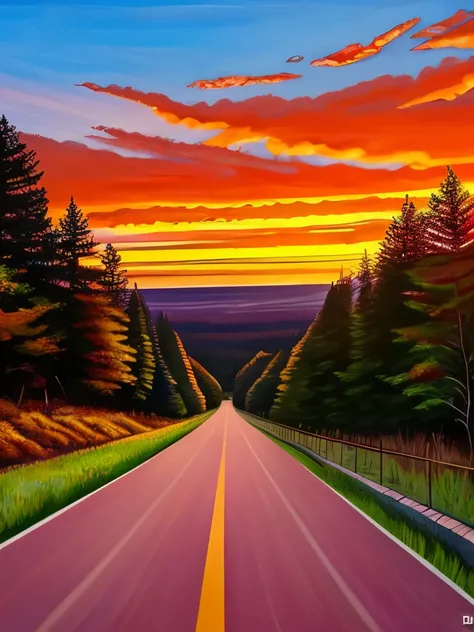 painting of a road with trees and a sunset in the background, by Igor Kufayev, by Konstantin Savitsky, by Andrei Ryabushkin, by andrey ryabovichev, inspired by Igor Kufayev, by Eugene Tertychnyi, by Tuomas Korpi, by Vassily Maximov