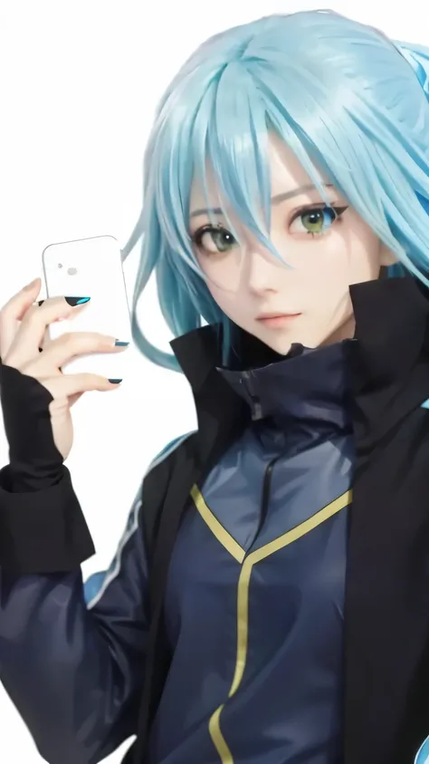 rimuru tempest from that time i got reincarnated as a slime, tensei shitara slime datta ken, anime character with blue hair and black outfit holding a cell phone, profile shot of rimuru tempest, tensei shitara slime datta ken, reincarnated as a slime, rimu...